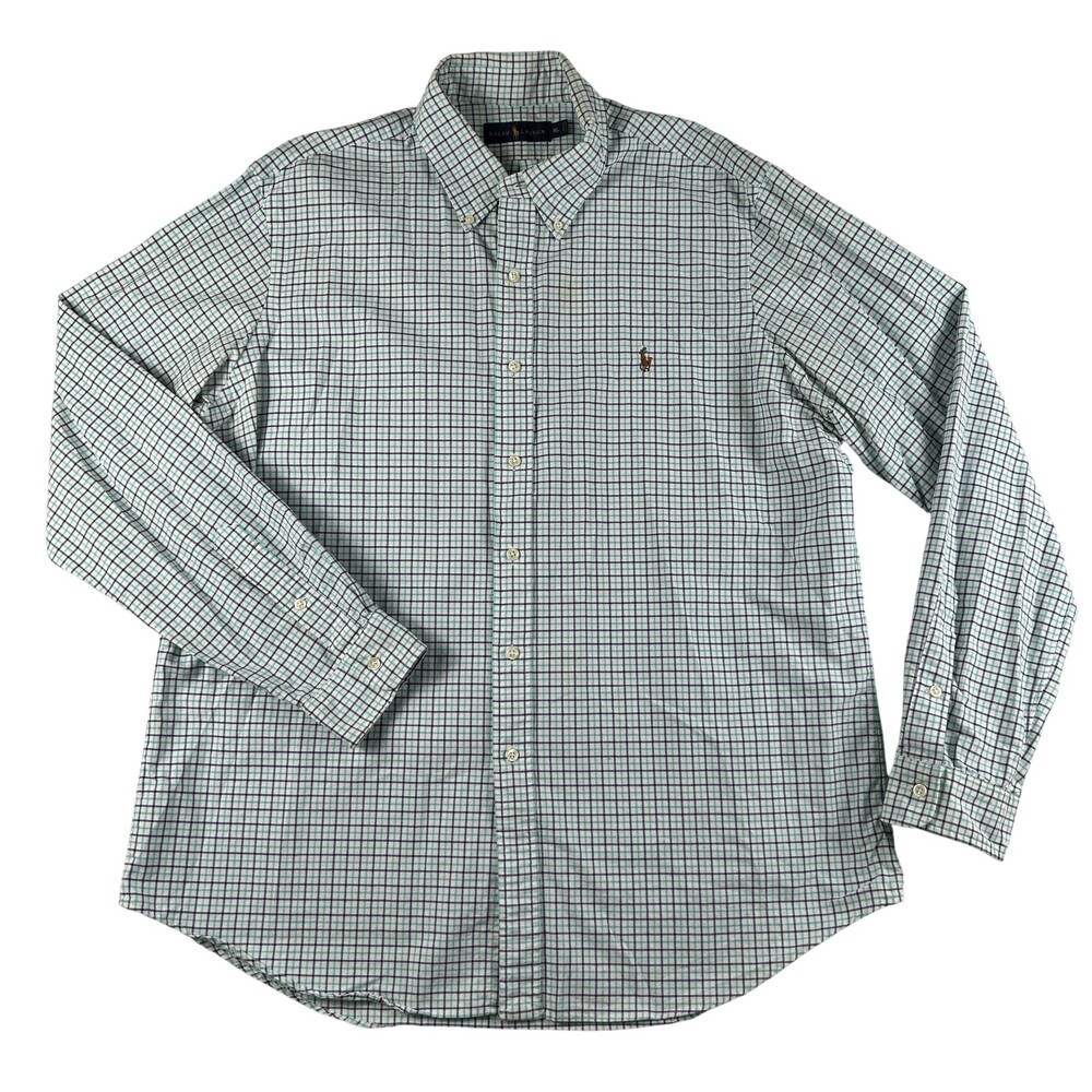 Ralph Lauren Shirt Mens XL Green Check Long Sleeve Button Down Flesh Pony Casual
